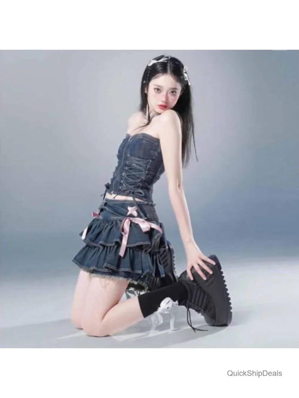 Women's Bow Low Waist Retro Pleated Denim Skirt with Adjustable Waist and